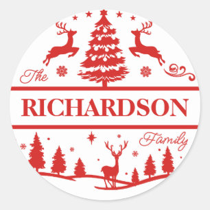 Red Christmas Personalised Family Name   Holiday Classic Round Sticker