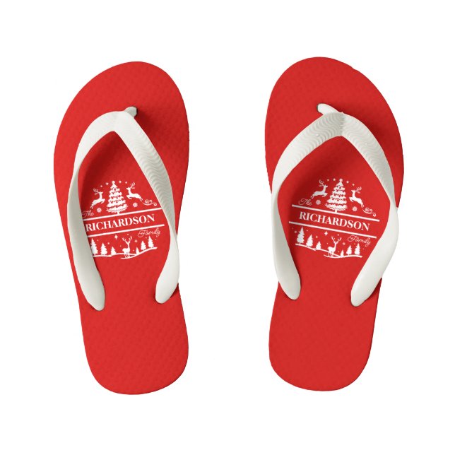 Red Christmas Personalised Family Name | Holiday Kid's Thongs (Footbed)