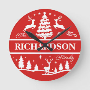 Red Christmas Personalised Family Name   Holiday Round Clock