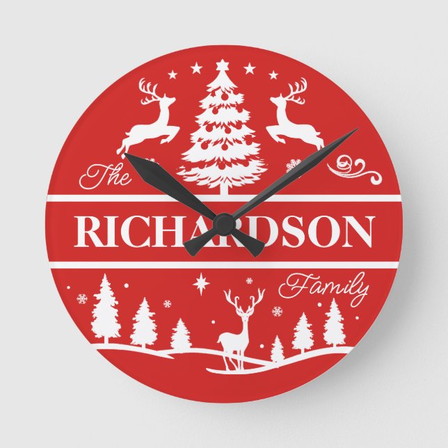 Red Christmas Personalised Family Name | Holiday Round Clock (Front)