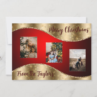 Red Christmas Photo Card with Gold Glittery Border