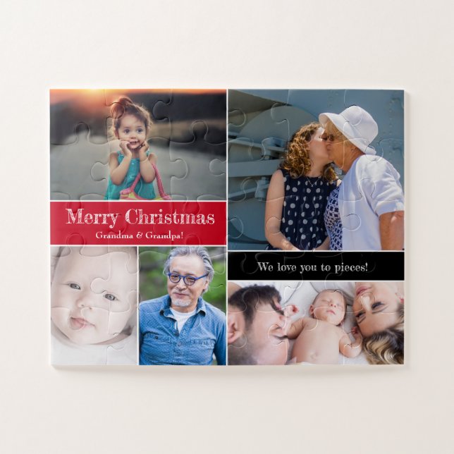 Red Christmas Photo Collage We love you to Pieces Jigsaw Puzzle (Horizontal)