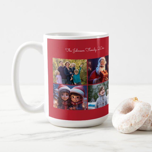 Red Christmas Photo Family Coffee Mug (With Donut)