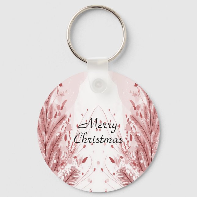 Red Christmas Pine Tree Snow Decoration Beautiful Key Ring (Front)