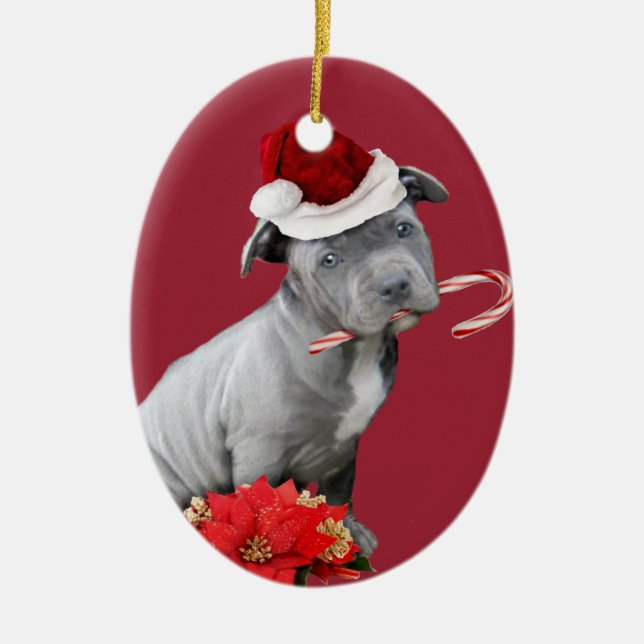 Red Christmas pitbull puppy ornament (Front)