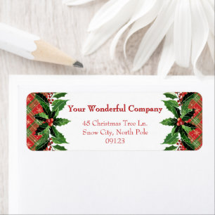 Red Christmas Plaid and Holly   Return Address Label