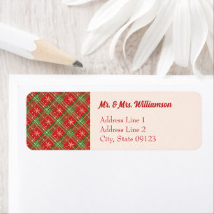 Red Christmas Plaid Gold Snowflakes Return Address Label