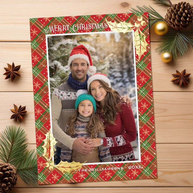 Red Christmas Plaid | Merry Christmas Photocard |  Foil Holiday Card (Customizable Christmas photocard with red plaid edge with snowflakes, and gold foil accents of holly)