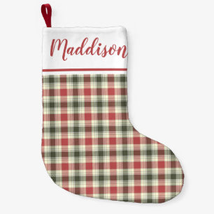 Red Christmas plaid pattern personalised name Small Christmas Stocking