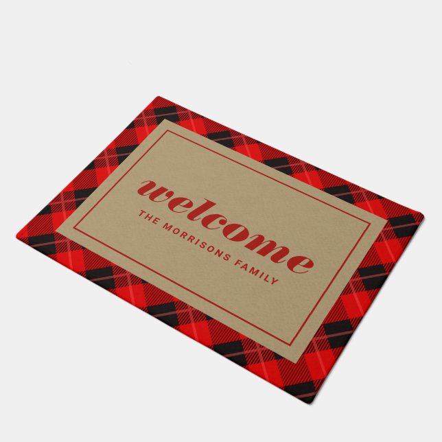 Red Christmas Plaid Personalised Welcome Doormat (Angled)
