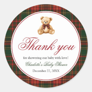 Red Christmas Plaid Winter Teddy Bear Baby Shower Classic Round Sticker