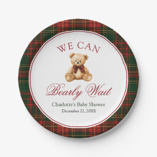 Red Christmas Plaid Winter Teddy Bear Baby Shower Paper Plate