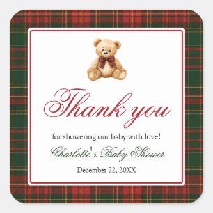 Red Christmas Plaid Winter Teddy Bear Baby Shower Square Sticker
