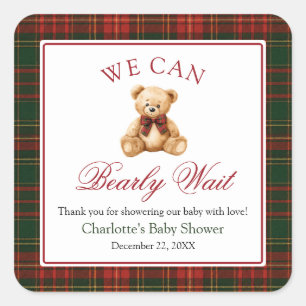 Red Christmas Plaid Winter Teddy Bear Baby Shower Square Sticker