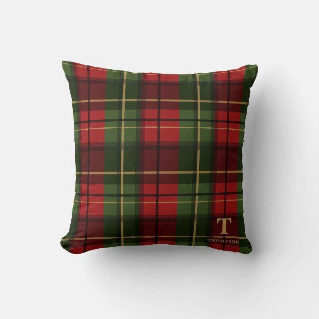 Red Christmas Plaid With Monogram And Surname Cushion (Front)