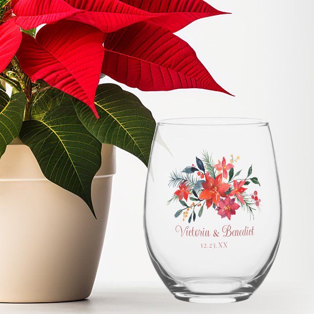 Red Christmas Poinsetta Floral Custom Wedding Stemless Wine Glass (Creator Uploaded)