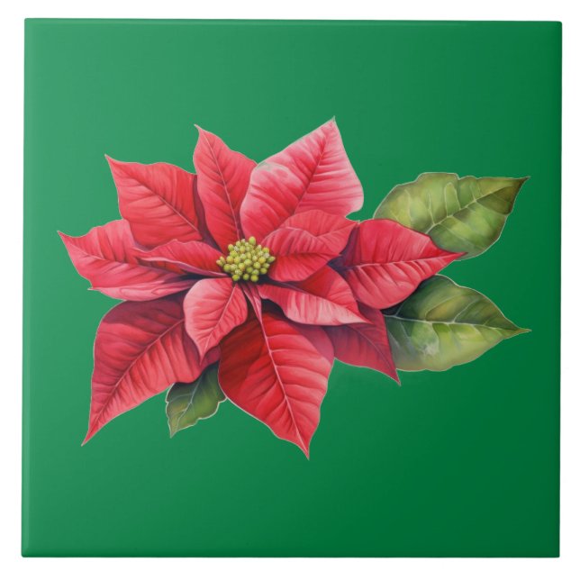Red Christmas Poinsettia Ceramic Tile (Front)