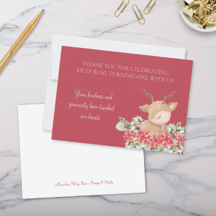 Red Christmas Poinsettia Deer Birthday Party Thank You Card