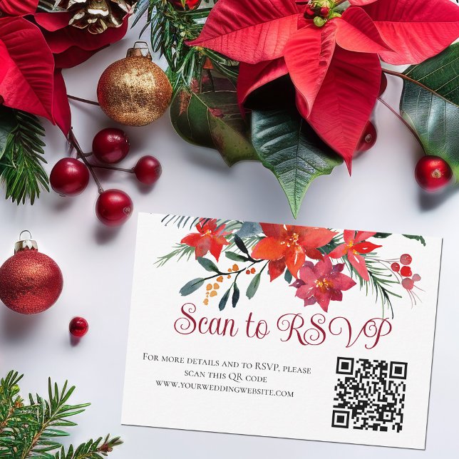 Red Christmas Poinsettia Elegant Floral QR Code RSVP Card (Creator Uploaded)