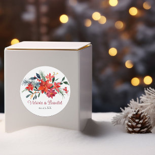 Red Christmas Poinsettia Elegant Floral Wedding Classic Round Sticker