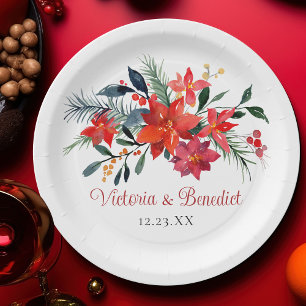 Red Christmas Poinsettia Elegant Floral Wedding Paper Plate