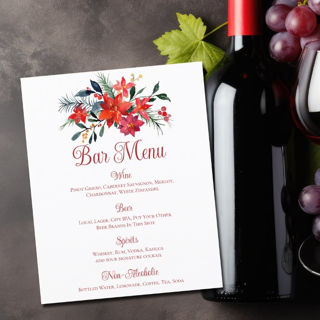 Red Christmas Poinsettia Floral Wedding Bar Menu (Creator Uploaded)