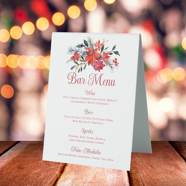 Red Christmas Poinsettia Floral Wedding Bar Menu (Creator Uploaded)
