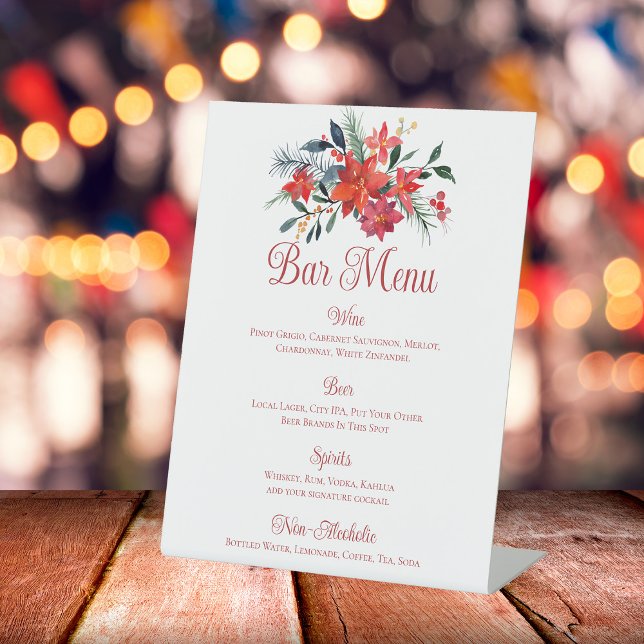 Red Christmas Poinsettia Floral Wedding Bar Menu Pedestal Sign (Creator Uploaded)