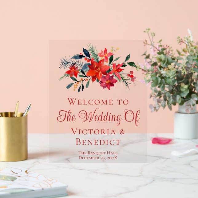 Red Christmas Poinsettia Floral Wedding Welcome Acrylic Sign (Wedding)