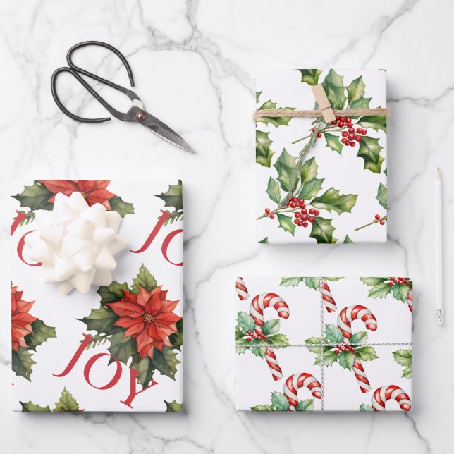  RED CHRISTMAS POINSETTIA, HOLLY, CANDY CANE WRAPPING PAPER SHEET (Front)