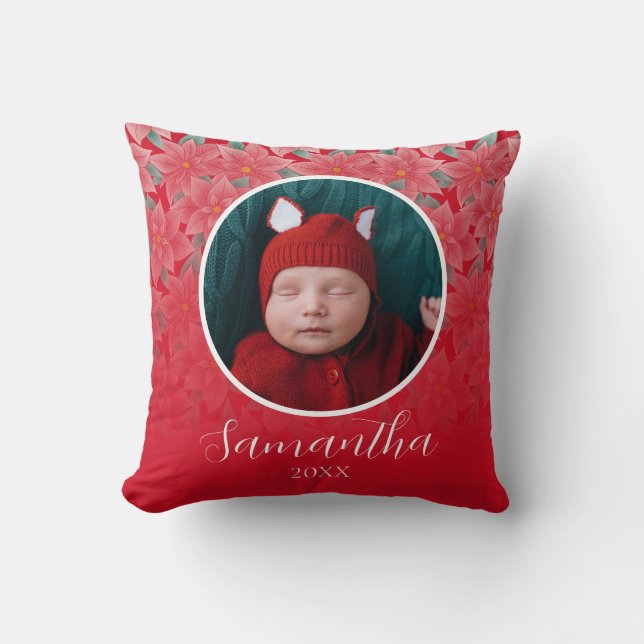 Red Christmas Poinsettia Personalised Baby Photo Cushion (Front)