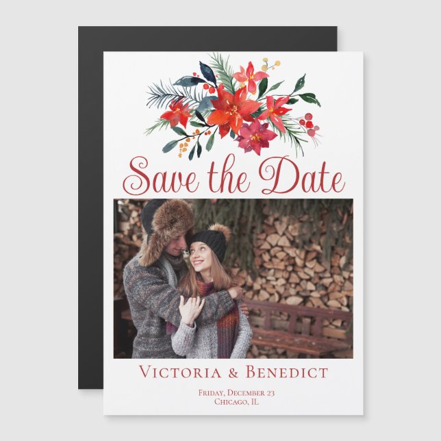 Red Christmas Poinsettia Photo Save the Date Magnetic Invitation (Front/Back)