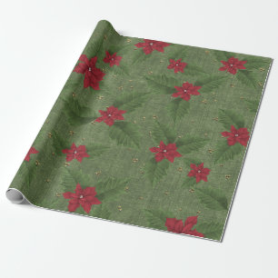 red christmas poinsettia with green leaves wrapping paper