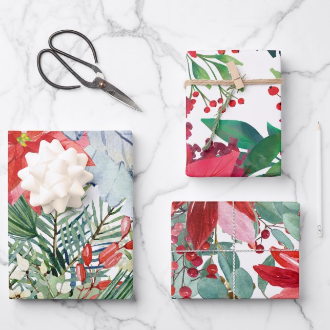 Red Christmas Poinsettia Wrapping Paper Sheet (Front)