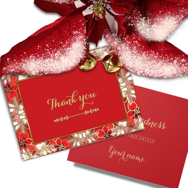 Red Christmas Poinsettias in Snow Thank You Card (Creator Uploaded)