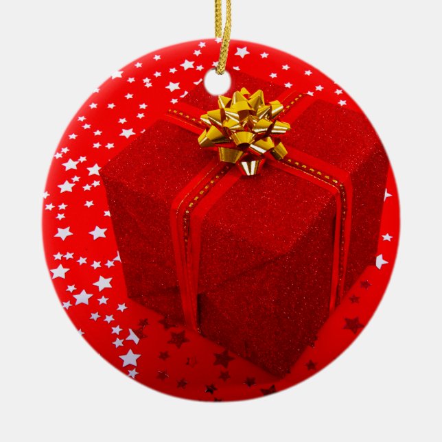 Red Christmas Present Box Ceramic Tree Decoration (Front)