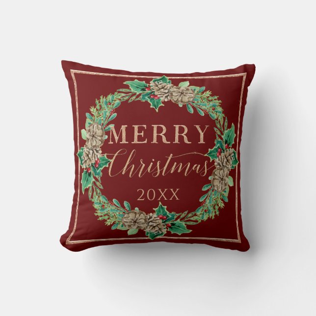 Red Christmas Proposal Wreath Holly Leaf Greenery Cushion (Front)