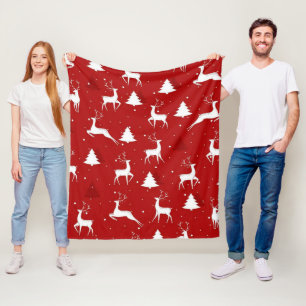 Red Christmas Reindeer and Snowflakes Seamless Pat Fleece Blanket