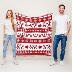Red Christmas Reindeer and Snowflakes Seamless Pat Fleece Blanket