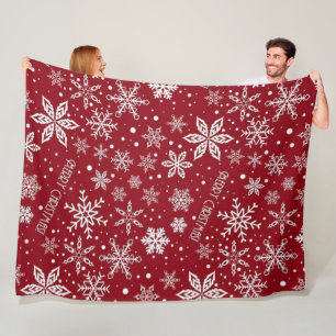 Red Christmas Reindeer and Snowflakes Seamless Pat Fleece Blanket