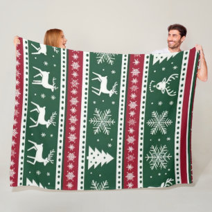 Red Christmas Reindeer and Snowflakes Seamless Pat Fleece Blanket