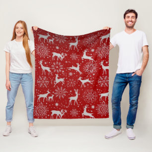 Red Christmas Reindeer and Snowflakes Seamless Pat Fleece Blanket