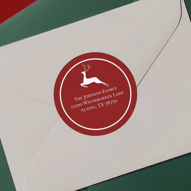 Red Christmas Reindeer Chic Round Return Address Classic Round Sticker (Creator Uploaded)