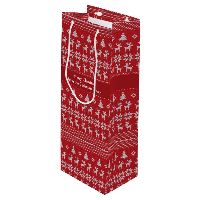 Red Christmas Reindeer Custom Business Holiday Wine Gift Bag (Front Angled)