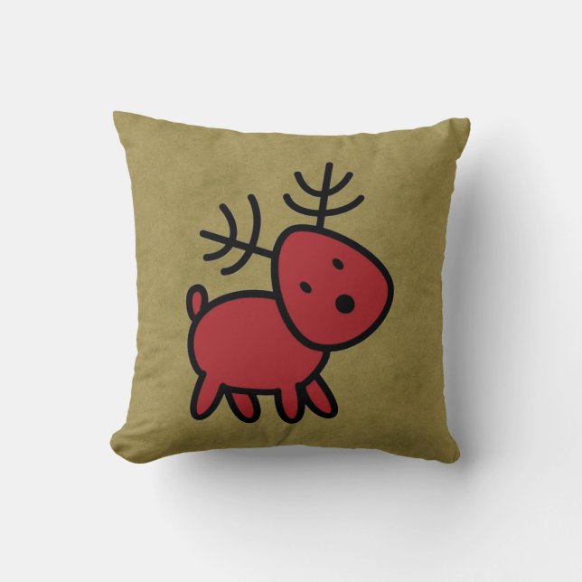 Red Christmas Reindeer Illustration Cushion (Front)