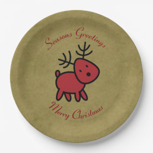 Red Christmas Reindeer Illustration Paper Plate
