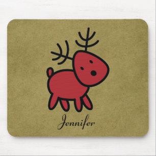Red Christmas Reindeer Illustration Personalised Mouse Pad