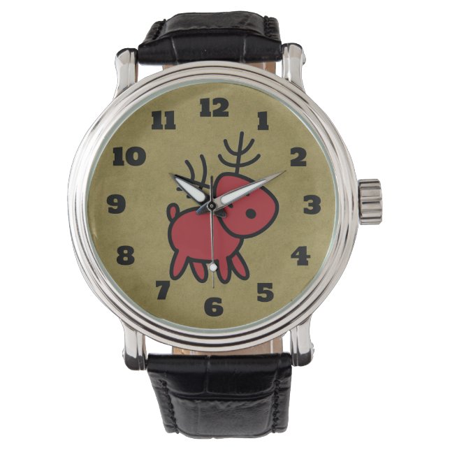 Red Christmas Reindeer Illustration Watch (Front)