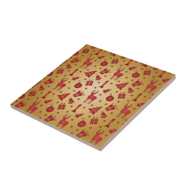 Red Christmas reindeer on Gold Ceramic Tile (Side)