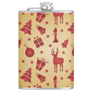 Red Christmas reindeer on Gold Hip Flask